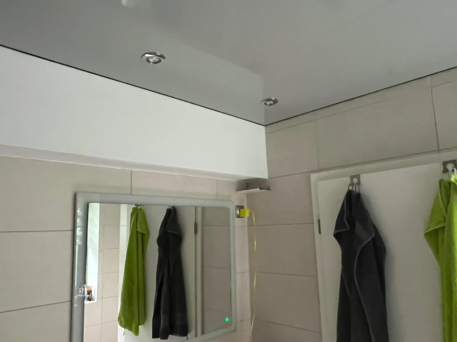 Badezimmer mit grauer Lackdecke, Einbauspots und bodengleicher Dusche