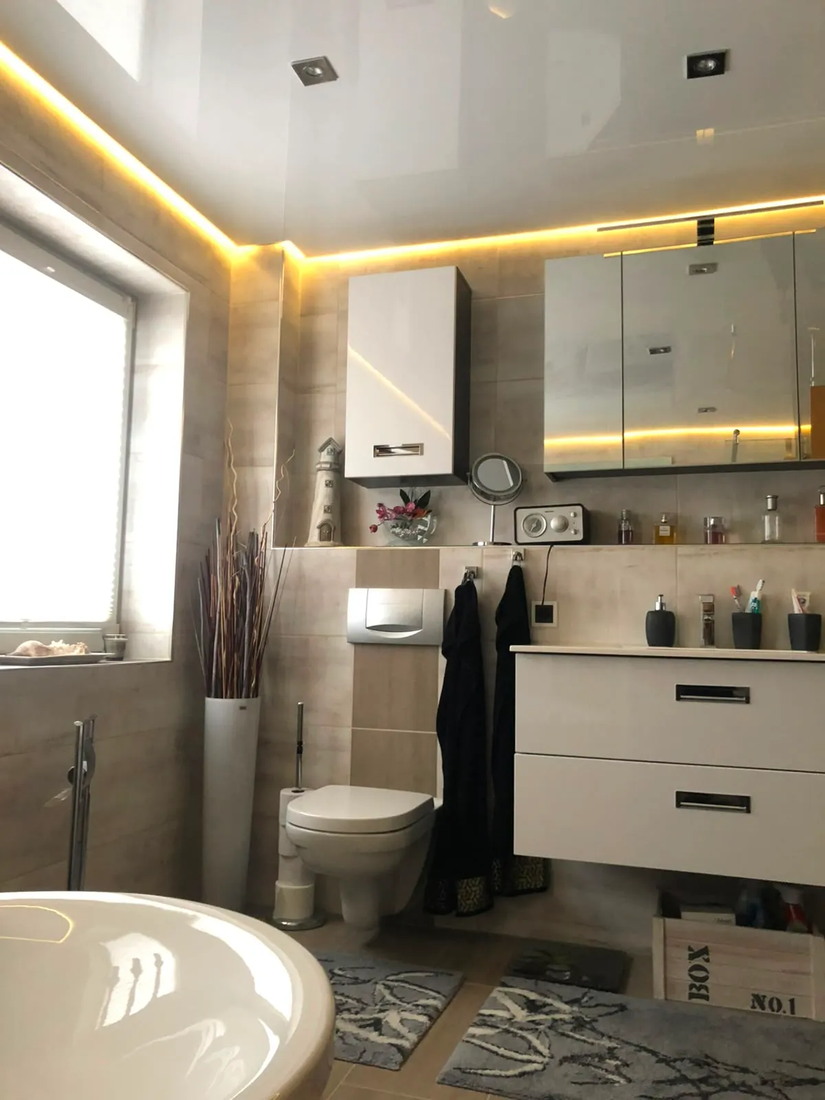 Waschtisch mit Spiegelschrank unter einer Lackdecke mit Lichtvoute