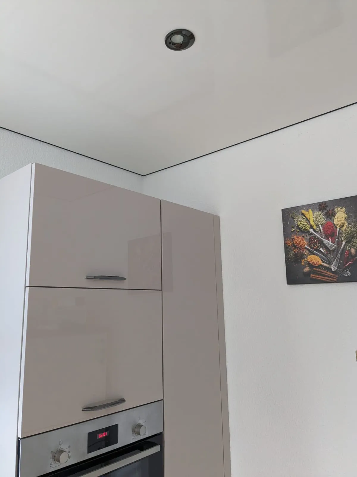 Schwarzer Downlight-Spot in einer weißen Hochglanz-Lackdecke